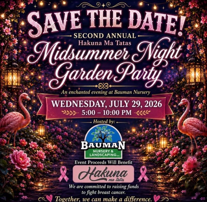 Save the date flyer: Second Annual Hakuna Ma Tatas Midsummer Night Garden Party