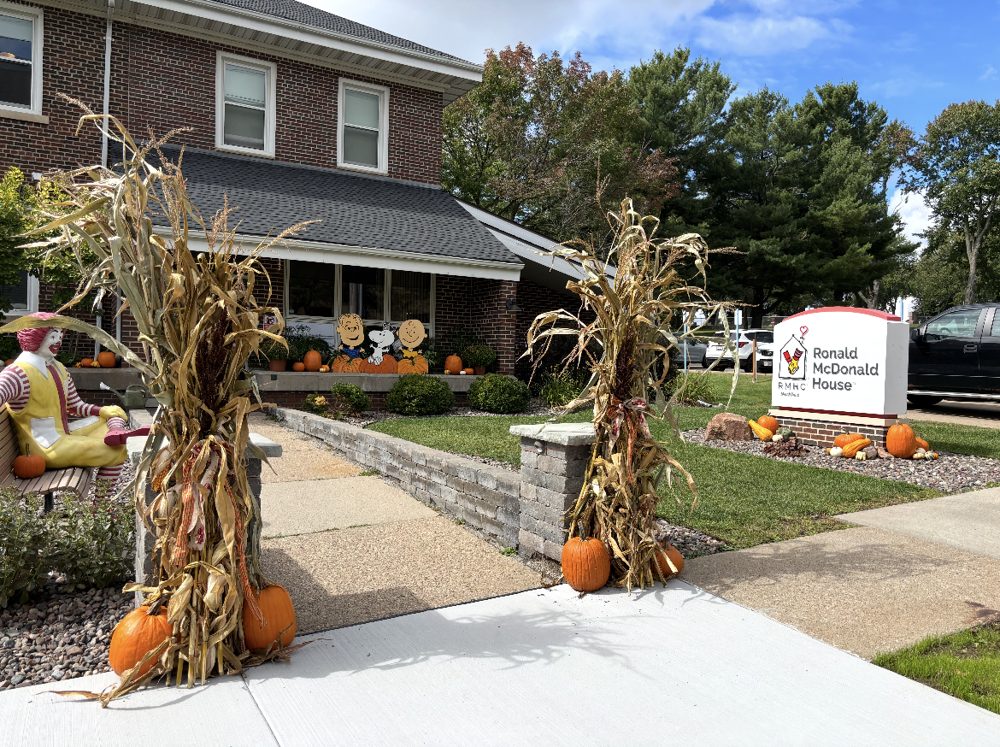 Fall decorations with corn stalks and pumpkins at Ronald McDonald House in Marshfield